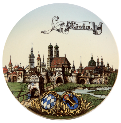 Mettlach plaque, 14.0" d., 221/1044, hand-painted, München, mint.