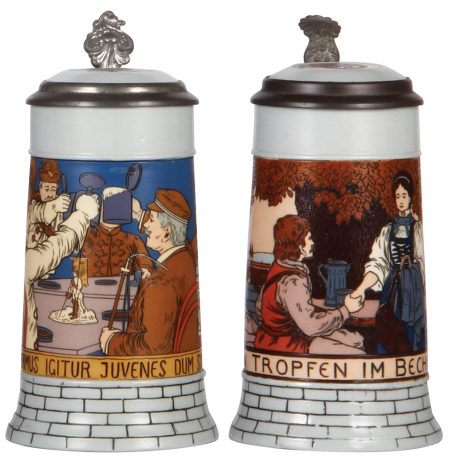 Two Mettlach steins, .5L, 2833F, etched, by C.M., inlaid lid, mint; with, .5L, 2833D, inlaid lid, small factory base flake. 