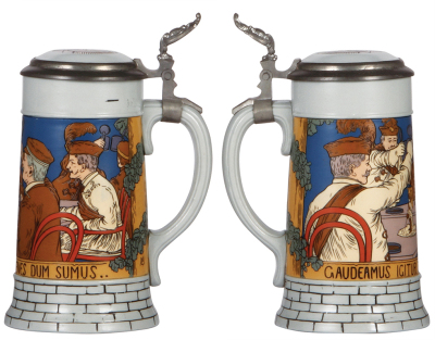 Two Mettlach steins, .5L, 2833F, etched, by C.M., inlaid lid, mint; with, .5L, 2833D, inlaid lid, small factory base flake.  - 2