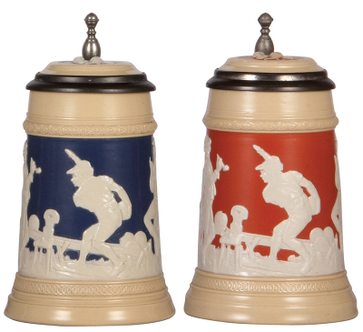 Two Mettlach steins, .5L, 2182, relief, blue, inlaid lid, mint; with, .5L, 2182, relief, brick color, inlaid lid, mint. 