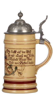 Two Mettlach steins, .5L, 621 [280], PUG, by G.K., pewter lid, mint; with, .5L, 942 [2140], PUG, night watchman meeting morning rooster, pewter lid, mint.  - 2