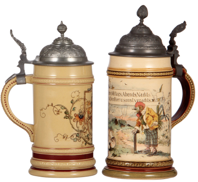 Two Mettlach steins, .5L, 621 [280], PUG, by G.K., pewter lid, mint; with, .5L, 942 [2140], PUG, night watchman meeting morning rooster, pewter lid, mint.  - 3