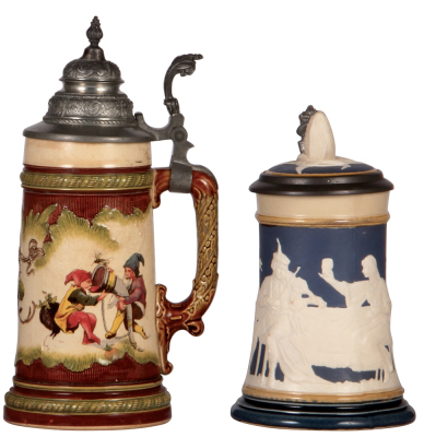 Two Mettlach steins, .5L, 966 [2184], PUG, original pewter lid, pewter repair, otherwise mint; .5L, 2358, relief, inlaid lid, mint. 