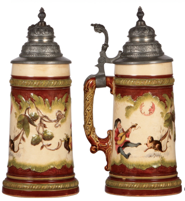 Two Mettlach steins, .5L, 966 [2184], PUG, original pewter lid, pewter repair, otherwise mint; .5L, 2358, relief, inlaid lid, mint.  - 2