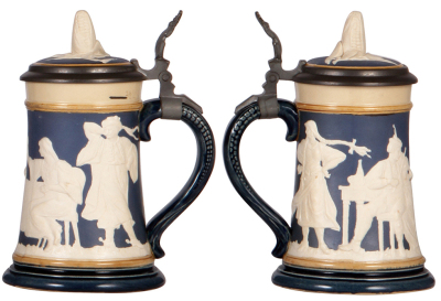 Two Mettlach steins, .5L, 966 [2184], PUG, original pewter lid, pewter repair, otherwise mint; .5L, 2358, relief, inlaid lid, mint.  - 3