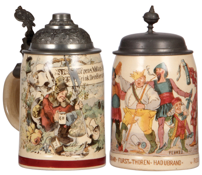 Two Mettlach steins, .5L, 942 [1909], PUG, pewter lid, interior browning, mint; with .5L, 715 [1909], PUG, pewter lid, mint. 