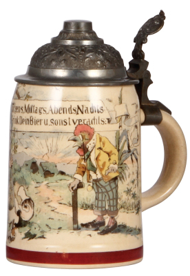 Two Mettlach steins, .5L, 942 [1909], PUG, pewter lid, interior browning, mint; with .5L, 715 [1909], PUG, pewter lid, mint.  - 2