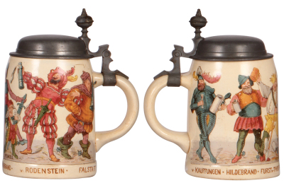 Two Mettlach steins, .5L, 942 [1909], PUG, pewter lid, interior browning, mint; with .5L, 715 [1909], PUG, pewter lid, mint.  - 3