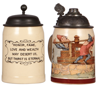 Two Mettlach steins, .4L, 1909, PUG, English verse, pewter lid, mint; with, .5L, 1009 [1909], PUG, by H. Schlitt, pewter lid, pewter tear. 