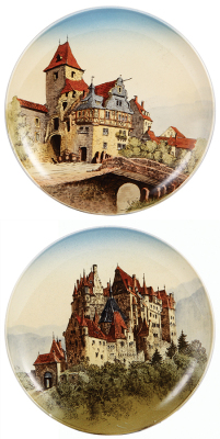 Pair Mettlach plaques, 12.0" d., 94/1044 & 95/1044, PUG, Cochem, Burg Eltz, mint.