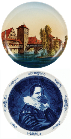 Two Mettlach plaques, 12.0" d., 129/1044, PUG, Nürnberg Henkersteg; with, 5042/1044, Delft, mint.