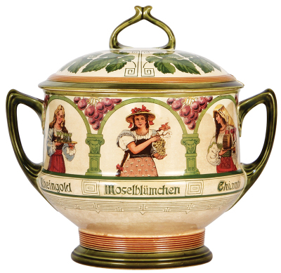 Mettlach punch bowl, 9.0L, 1209 [3037], PUG, set-on lid, no underplate, browning, otherwise mint. 