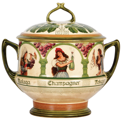 Mettlach punch bowl, 9.0L, 1209 [3037], PUG, set-on lid, no underplate, browning, otherwise mint.  - 2