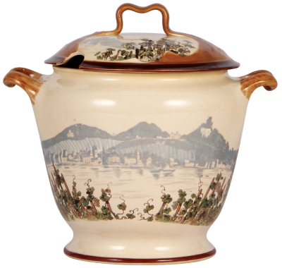 Mettlach punch bowl, 5.4L, 1130 [2703], PUG, set-on lid, no underplate, chips on lid repaired, body mint.  - 2