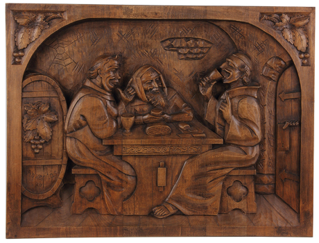 Black Forest wood carved wall plaque, 25.3'' x 19.1'', late 1900s, made in Germany, linden wood, monks at table in cellar, hangs on wall, good quality and condition.