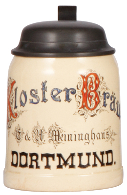 Mettlach stein, .5L, 1526, transfer & hand-painted, Kloster Bräu Dortmund , G & A Meininghaus, pewter lid, mint. 