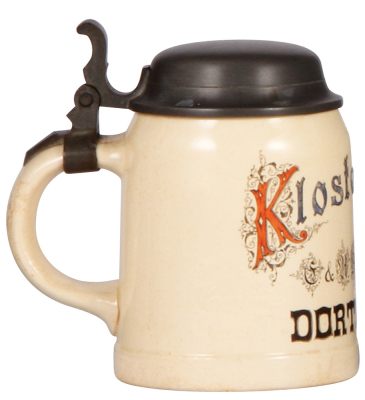 Mettlach stein, .5L, 1526, transfer & hand-painted, Kloster Bräu Dortmund , G & A Meininghaus, pewter lid, mint.  - 3