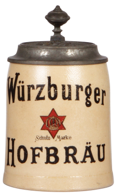 Stoneware stein, .5L, transfer, Würzburger Hofbräu, matching relief pewter lid, missing center hinge ring, hinge works fine, body mint.