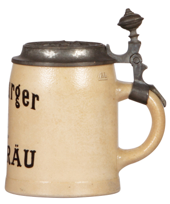 Stoneware stein, .5L, transfer, Würzburger Hofbräu, matching relief pewter lid, missing center hinge ring, hinge works fine, body mint. - 2