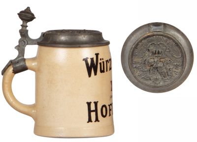 Stoneware stein, .5L, transfer, Würzburger Hofbräu, matching relief pewter lid, missing center hinge ring, hinge works fine, body mint. - 3