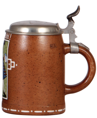 Stoneware stein, .5L, transfer & handpainted, design by F. Ringer, pewter lid, mint. - 2