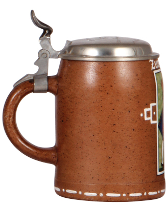 Stoneware stein, .5L, transfer & handpainted, design by F. Ringer, pewter lid, mint. - 3