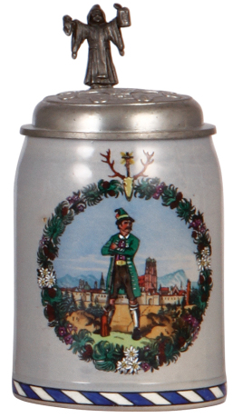 Stoneware stein, .5L, transfer & hand-painted, Bavarian relief pewter lid: coat-of-arms of cities, Alt Bayerischer Schützen Bund, 1907, mint.