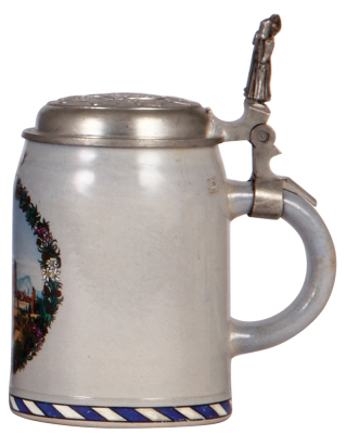 Stoneware stein, .5L, transfer & hand-painted, Bavarian relief pewter lid: coat-of-arms of cities, Alt Bayerischer Schützen Bund, 1907, mint. - 2