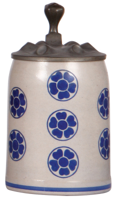 Stoneware stein, .5L, transfer & hand-painted, marked M. & W. Gr., design by L. Hohlwein, pewter lid, mint.