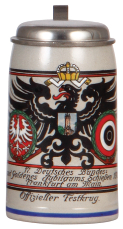 Stoneware stein, .25L, transfer & hand-painted, 17. Deutsches Bundesschiessen 1912, Frankfurt, signed F. Ringer, pewter lid, mint.