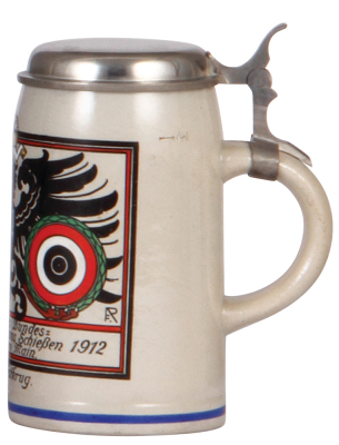 Stoneware stein, .25L, transfer & hand-painted, 17. Deutsches Bundesschiessen 1912, Frankfurt, signed F. Ringer, pewter lid, mint. - 2