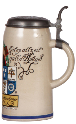 Stoneware stein, 1.0L, transfer & handpainted, signed F. Ringer, Zur Erinnerung an das Münchener Oktoberfest, relief pewter lid: Bavarian cities, mint. - 2