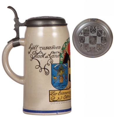 Stoneware stein, 1.0L, transfer & handpainted, signed F. Ringer, Zur Erinnerung an das Münchener Oktoberfest, relief pewter lid: Bavarian cities, mint. - 3