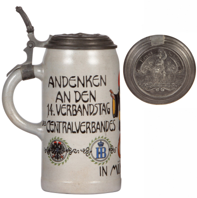 Stoneware stein, 1.0L, transfer & hand-painted, 14. Verbandstag des Centralverbandes Deutscher Bäcker Innungen München 1905, pewter lid: München Germania, mint. - 3