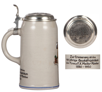 Stoneware stein, 1.0L, transfer, Zur Erinnerung an das 100 jährige Geschäftsjubiläum der Firma F.X. Meiller München, 1850 - 1950, relief pewter lid, mint. - 3