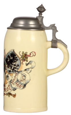 Pottery stein, 1.0L, transfer & hand-painted, VII. Deutsches Turnfest, München, 1889, pewter lid, mint. - 2