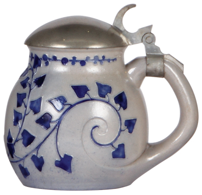 Stoneware stein, .5L, relief, marked 1729, made by Reinhold Merkelbach, designed by R. Riemerschmid, blue saltglaze, Art Nouveau, pewter lid, mint.