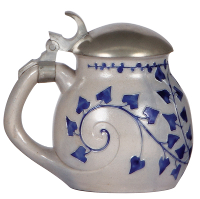 Stoneware stein, .5L, relief, marked 1729, made by Reinhold Merkelbach, designed by R. Riemerschmid, blue saltglaze, Art Nouveau, pewter lid, mint. - 3