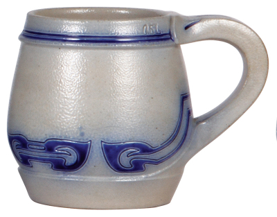 Stoneware stein, .5L, relief, marked 1428, Westerwald Art Pottery, designed by Henry van de Velde, blue saltglaze, Art Nouveau, rare, mint.