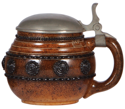 Stoneware stein, .5L, relief, marked 2275, made by Reinhold Merkelbach, designed by Paul Wynand, brown saltglaze, Art Nouveau, pewter lid, mint.