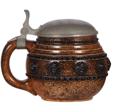 Stoneware stein, .5L, relief, marked 2275, made by Reinhold Merkelbach, designed by Paul Wynand, brown saltglaze, Art Nouveau, pewter lid, mint. - 3