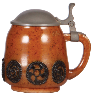 Stoneware stein, .5L, relief, marked 2096, made by Reinhold Merkelbach, designed by Paul Wynand, brown saltglaze, Art Nouveau, pewter lid, mint.