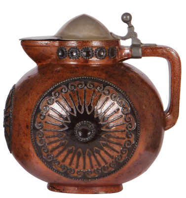 Stoneware stein, 9.0'' ht., relief, marked 2093, made by Reinhold Merkelbach, designed by Paul Wynand, brown saltglaze, Art nouveau, metal lid, mint.