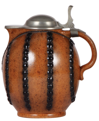 Stoneware stein, 9.5'' ht., relief, marked 3037, made by Reinhold Merkelbach, designed by Karl Mehlem, brown saltglaze, Art nouveau, pewter lid, tear at rear of lid [still strong], body mint.