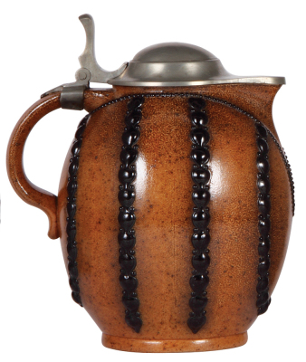 Stoneware stein, 9.5'' ht., relief, marked 3037, made by Reinhold Merkelbach, designed by Karl Mehlem, brown saltglaze, Art nouveau, pewter lid, tear at rear of lid [still strong], body mint. - 3