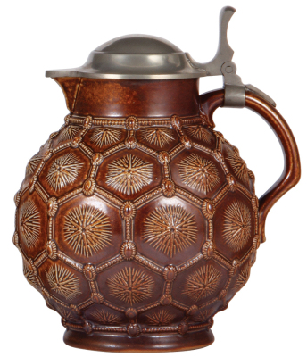 Stoneware stein, 9.5'' ht., relief, marked 3294, made by Reinhold Merkelbach, designed by Karl Mehlem, brown saltglaze, Art nouveau, pewter lid, mint.