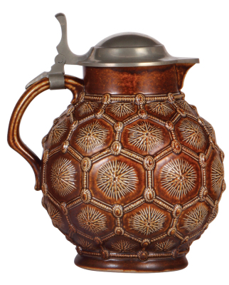 Stoneware stein, 9.5'' ht., relief, marked 3294, made by Reinhold Merkelbach, designed by Karl Mehlem, brown saltglaze, Art nouveau, pewter lid, mint. - 3