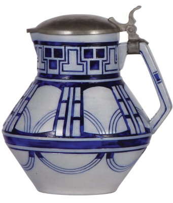 Stoneware stein, 8.8'' ht., relief, marked 1353, made by S.P. Gerz, designed by Bruno Mauder, blue saltglaze, Art nouveau, pewter lid, mint.