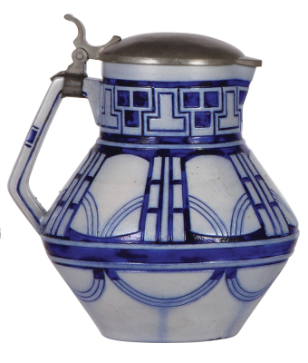 Stoneware stein, 8.8'' ht., relief, marked 1353, made by S.P. Gerz, designed by Bruno Mauder, blue saltglaze, Art nouveau, pewter lid, mint. - 3