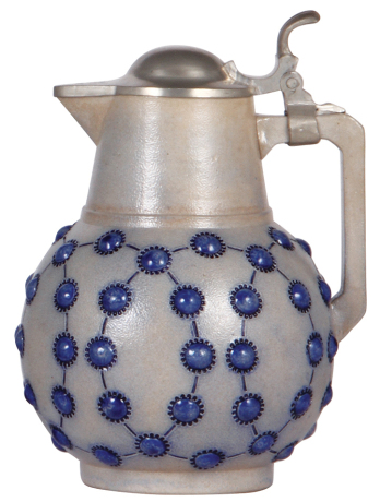 Stoneware stein, 9.0'' ht., relief, marked 1533, blue saltglaze, Art Nouveau, pewter lid, mint.